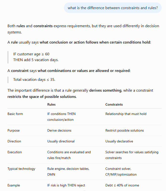 ChatGPT comparison of rules and constraints